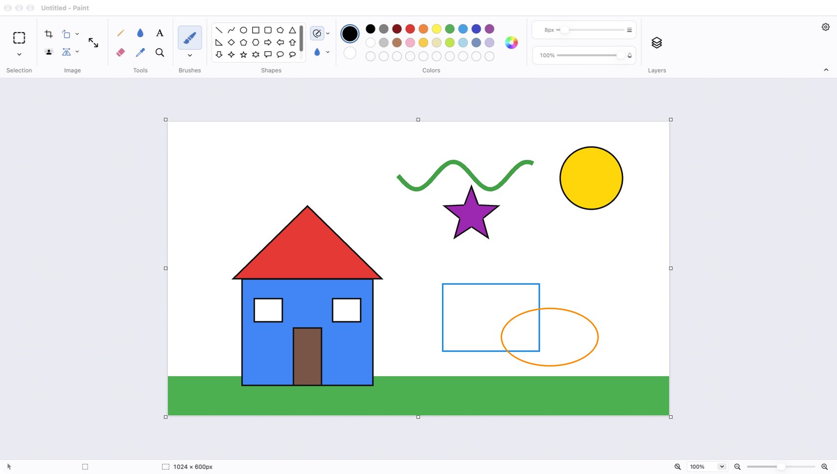 The Paint for Mac window: a ribbon with Selection, Image, Tools, Brushes, Shapes, Colors, size and opacity sliders and Layers above a 1024 × 600 canvas showing a house, a sun, a star and overlapping outline shapes.